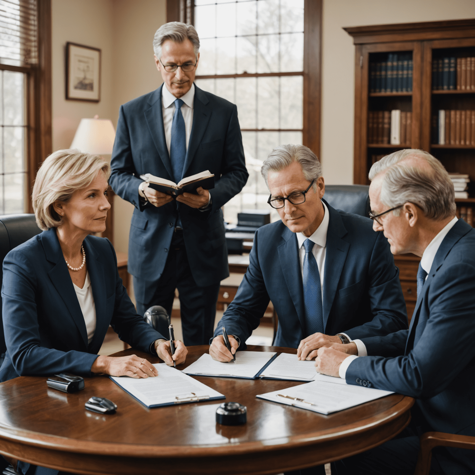 A professional lawyer discussing estate planning documents with a middle-aged couple in a well-appointed office, emphasizing the importance of proper legal preparation