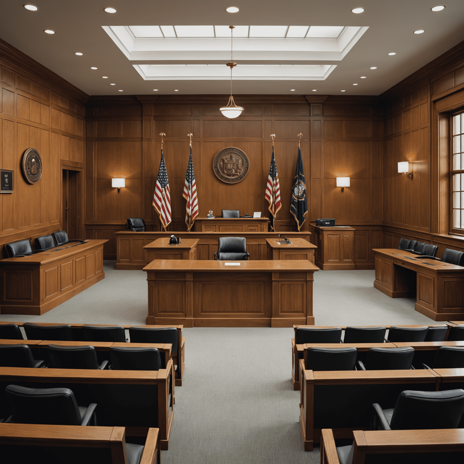 A courtroom setting with a judge's bench, plaintiff and defendant tables, and gallery seating, representing a typical small claims court layout